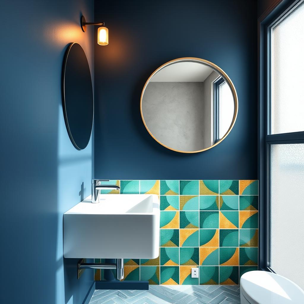 A stylish small bathroom featuring a bold accent wall painted in a deep navy blue, contrasting elegantly with vibrant geometric statement tiles in shades of green and gold. The foreground showcases a sleek white sink set against the accent wall, adorned with minimalist fixtures. In the middle ground, a large round mirror reflects ambient light from a ceiling fixture, enhancing the room's warmth. Soft natural light floods in through a frosted window, casting gentle shadows that create depth. The overall atmosphere is modern and inviting, with a sense of spaciousness. The composition is shot from a slightly elevated angle to capture both the wall and the tile details without visual clutter. Please exclude any people or text elements to maintain focus on the bathroom design.