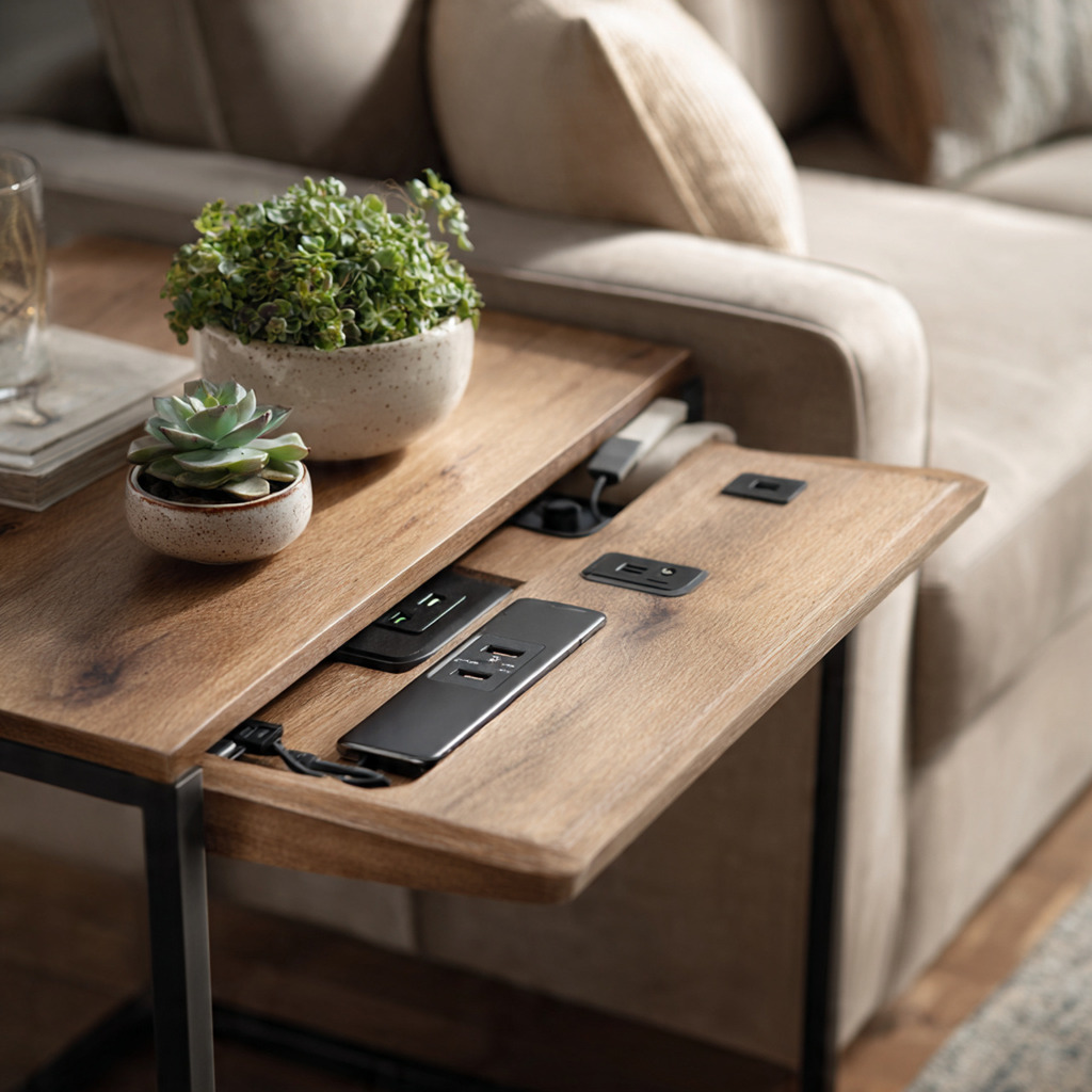 A stylish space-saving end table featuring an integrated charging station. The design is a modern fusion of wood and metal, showcasing a sleek, minimalist structure with a smooth surface. In the foreground, the table is adorned with a couple of small decorative items, such as a potted plant and a decorative bowl, emphasizing its multifunctionality. The middle includes a visible charging hub with multiple ports, blending seamlessly into the tabletop design. The background is softly blurred, displaying a cozy living room ambiance with warm lighting, highlighting the table as a centerpiece. The overall mood conveys sophistication and practicality, perfect for modern living spaces. The image is captured from a slightly elevated angle to showcase the table's features and proportions, creating an inviting and functional atmosphere.