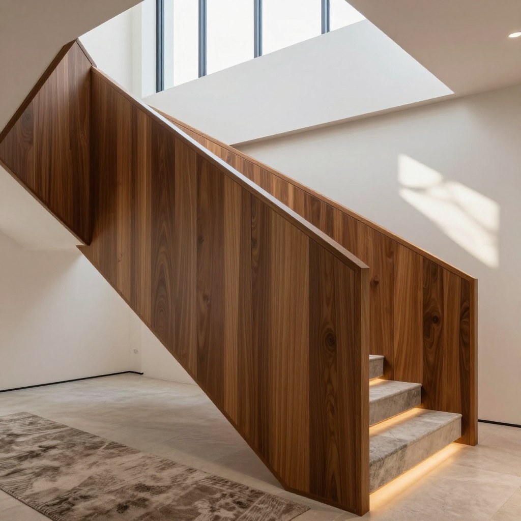 A stylish staircase featuring chic wall paneling ideas in a modern setting. The foreground showcases sleek, geometric wood panels in varying shades of warm brown, contrasting with minimalist white walls. In the middle ground, gentle lighting accentuates the textures of the panels, creating a sophisticated ambiance. A plush runner rug, in muted tones, guides the eye along the staircase. In the background, large windows let in soft, natural light, casting playful shadows. The atmosphere is inviting and elegant, emphasizing contemporary design with clean lines and harmonious materials. Capture this scene from a slightly elevated angle to highlight the full effect of the stair wall panels without any text or watermarks.