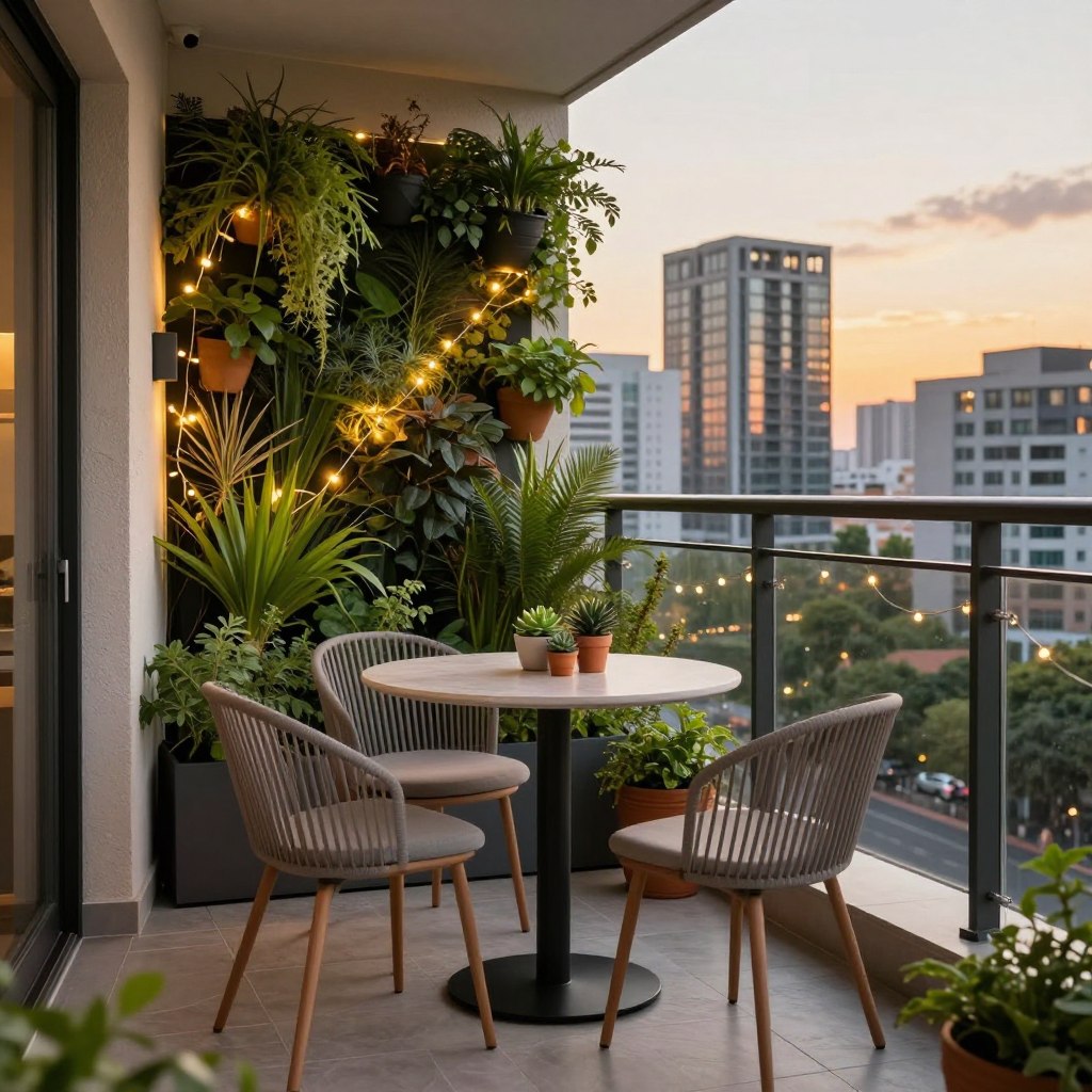 A stylish urban balcony designed for modern living, showcasing compact furniture and creative decor. In the foreground, a cozy bistro table with two elegant chairs, adorned with potted herbs and a small succulent arrangement. The middle ground features a lush vertical garden against a textured wall, with fairy lights twinkling softly. In the background, a skyline of contemporary high-rise buildings glows in the warm sunset light, casting a golden hue over the scene. The atmosphere is relaxed and inviting, perfect for an evening retreat. Capture this from an angle that emphasizes depth and detail, using natural lighting to create a warm and welcoming ambiance.