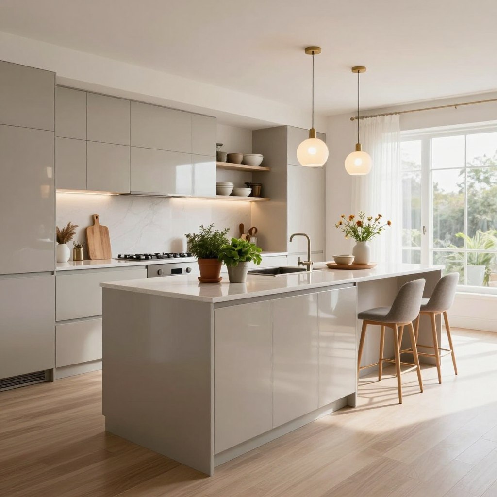 A stylish yet budget-friendly kitchen renovation scene, showcasing a modern open kitchen design. In the foreground, feature sleek, minimalist cabinetry with a glossy finish in soft, neutral tones, accented by chic handles. On the countertop, display affordable yet elegant decor items such as potted herbs and a cutting board. In the middle ground, create a curved kitchen island with stools that invite conversations, adorned with pendant lighting that casts a warm glow. The background should exhibit a tasteful backsplash and open shelves with curated dishware, all bathed in bright, natural light streaming from a nearby window. The overall atmosphere should be inviting, sophisticated, and effortlessly chic, illustrating luxury through affordable elements. Use a wide-angle lens to capture the entire scene, emphasizing spaciousness.