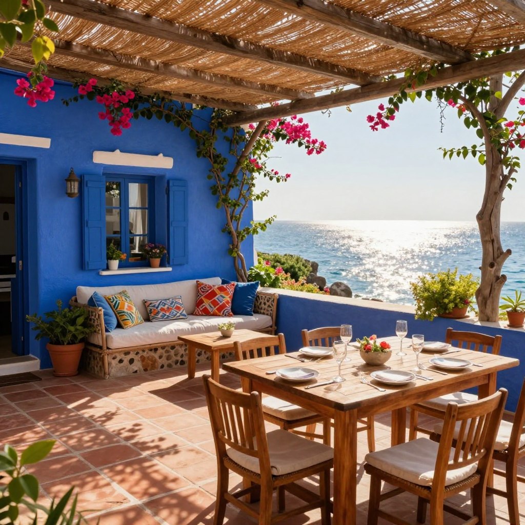 A sun-drenched Mediterranean coastal patio layout, featuring rustic terracotta tiles and vibrant blue-painted walls adorned with climbing bougainvillea. In the foreground, a wooden dining table set with tasteful tableware under a woven, sunshade canopy invites relaxation. The middle ground includes comfortable, elegantly upholstered seating with colorful cushions, surrounded by lush potted plants. The background showcases a stunning view of the serene Mediterranean Sea, shimmering in the golden sunlight. Use warm, soft lighting to create a tranquil, inviting atmosphere, capturing the essence of a coastal retreat. The angle should be a slightly elevated perspective, allowing for an immersive visual experience, evoking feelings of leisure and the charm of Mediterranean living.