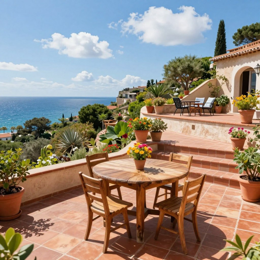 A sunny Mediterranean terrace scene featuring beautifully arranged terracotta tile terraces. In the foreground, a welcoming patio with a rustic wooden table adorned with a small bouquet of vibrant flowers sits overlaid on classic terracotta tiles, their warm hues reflecting the sun. The middle ground reveals more terraces cascading down a gentle hill, each filled with lush greenery, vibrant potted plants, and charming outdoor furniture. In the background, a view of the shimmering blue sea under a brilliant blue sky, dotted with soft, white clouds. The lighting is bright and cheerful, enhancing the earthy tones of the tiles. Capture the essence of relaxation and timelessness in this authentic Mediterranean setting, evoking a mood of perpetual vacation.