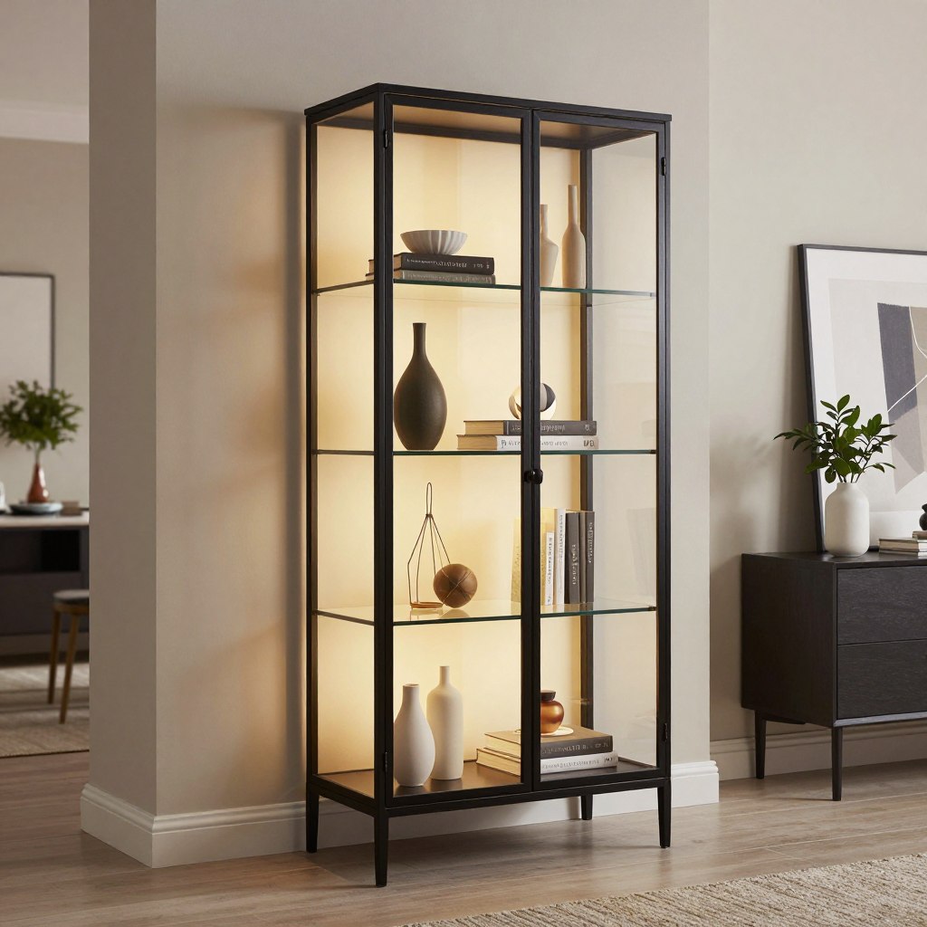A tall standing glass display cabinet featuring a sleek black metal frame, elegantly showcasing a collection of decorative items such as vases, books, and art pieces. The cabinet is placed against a modern living room wall with neutral-toned paint, allowing its bold structure to stand out. Soft, warm lighting highlights the glass shelves, creating a cozy atmosphere and casting gentle reflections. The angle captures the cabinet from a slightly low perspective, emphasizing its height and design. The background includes minimalistic decor, such as a potted plant and abstract art, enhancing the contemporary feel of the space. The overall mood is stylish and inviting, perfect for modern living room decor. A tall standing glass display cabinet featuring a sleek black metal frame, elegantly showcasing a collection of decorative items such as vases, books, and art pieces. The cabinet is placed against a modern living room wall with neutral-toned paint, allowing its bold structure to stand out. Soft, warm lighting highlights the glass shelves, creating a cozy atmosphere and casting gentle reflections. The angle captures the cabinet from a slightly low perspective, emphasizing its height and design. The background includes minimalistic decor, such as a potted plant and abstract art, enhancing the contemporary feel of the space. The overall mood is stylish and inviting, perfect for modern living room decor.