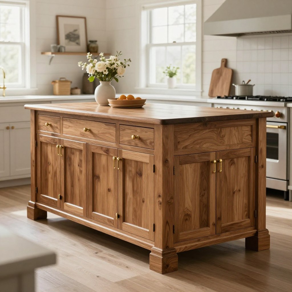 A traditional cabinetry kitchen island, featuring a warm, rich wood finish with intricate molding and raised panel doors. The island is centrally positioned in a modern farmhouse kitchen, showcasing classic brass hardware that adds elegance. In the foreground, there are subtle decorative elements like a simple vase with fresh flowers. In the middle ground, the island is highlighted by soft, natural lighting pouring in through a large window, casting gentle shadows that enhance its craftsmanship. The backdrop features white shiplap walls and soft, muted colors, creating a cozy, inviting atmosphere. The camera angle is slightly elevated, capturing both the island’s details and the surrounding rustic decor, evoking a chic yet timeless farmhouse vibe.