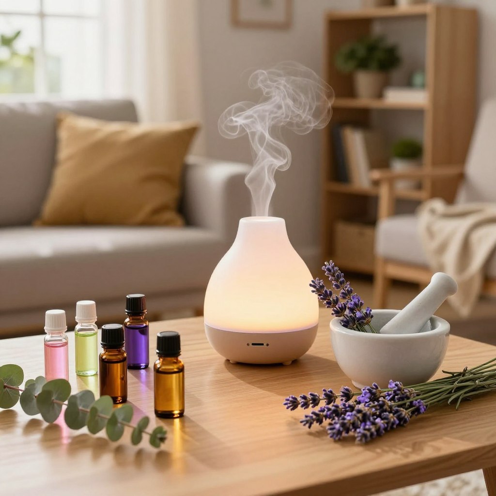 A tranquil scene of a cozy living room table adorned with essential oil bottles and fresh herbs for a custom blend creation. In the foreground, there are small glass vials of various colorful essential oils, a mortar and pestle filled with fresh lavender, and sprigs of eucalyptus, showcasing their vibrant colors and textures. The middle ground features a softly glowing diffuser, emitting a gentle mist that blends into the atmosphere. In the background, a warmly lit living room with plush cushions, a soft throw blanket draped over an inviting armchair, and a bookshelf filled with calming plants adds to the welcoming ambiance. The lighting is warm and inviting, simulating late afternoon sunlight streaming through a window. The mood is serene and nurturing, perfect for encouraging creativity in blend-making.