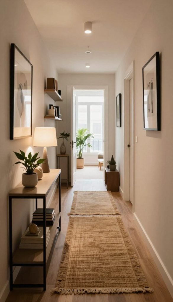 A transformed narrow hallway showcasing a clever maximization of space. In the foreground, a sleek console table with decorative plants and a minimalist lamp sits against one wall, enhancing functionality. The middle of the hallway features an elegant runner rug that introduces warmth, leading the eye down the corridor. The walls are adorned with framed artwork, interspersed with built-in shelves that display books and decorative items. The background shows a bright, inviting open door flooding the hallway with natural light, emphasizing its expansion. Use soft, ambient lighting to create a welcoming atmosphere, highlighting the textures and colors of the materials. Capture this scene from a slightly elevated angle to showcase the length and depth of the hallway.