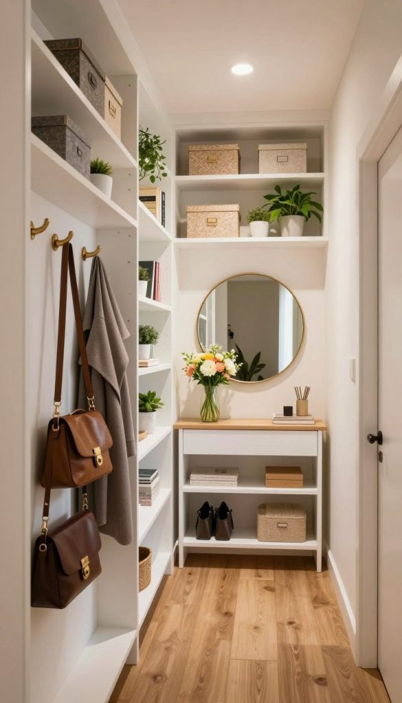 A transformed narrow hallway showcasing innovative storage ideas, featuring built-in white wood shelving filled with decorative boxes, potted plants, and books. The foreground captures elegant, wall-mounted hooks for coats and bags, enhancing functionality. In the middle, a stylish console table holds a vibrant vase with fresh flowers under a large round mirror, reflecting natural light. The background shows warm, inviting tones with soft, recessed lighting illuminating the smooth walls and hardwood flooring. The atmosphere feels bright and welcoming, exuding a sense of modern elegance. The composition is well-balanced, with a focus on organization and aesthetic appeal, all emphasizing practicality without any visible people.