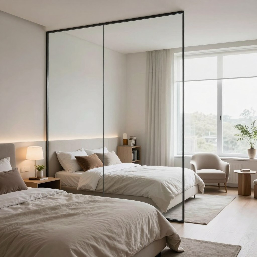 A trendy bedroom featuring a sleek glass partition that separates the sleeping area from a cozy reading nook. In the foreground, a modern bed dressed in soft neutral linens, adorned with a few decorative pillows. Next to it, a stylish bedside table with a minimalist lamp and a small plant. The middle ground showcases the glass partition, elegantly framed, allowing light to flow through while maintaining a sense of privacy. On the other side, a comfortable armchair and a small bookshelf create an inviting reading space. In the background, large windows let in soft, natural light, illuminating the room. The atmosphere is serene and airy, with a palette of soft whites and earthy tones, evoking a sense of modern elegance. The image captures the balance between comfort and sophistication, highlighting the use of glass in contemporary bedroom design. A trendy bedroom featuring a sleek glass partition that separates the sleeping area from a cozy reading nook. In the foreground, a modern bed dressed in soft neutral linens, adorned with a few decorative pillows. Next to it, a stylish bedside table with a minimalist lamp and a small plant. The middle ground showcases the glass partition, elegantly framed, allowing light to flow through while maintaining a sense of privacy. On the other side, a comfortable armchair and a small bookshelf create an inviting reading space. In the background, large windows let in soft, natural light, illuminating the room. The atmosphere is serene and airy, with a palette of soft whites and earthy tones, evoking a sense of modern elegance. The image captures the balance between comfort and sophistication, highlighting the use of glass in contemporary bedroom design.