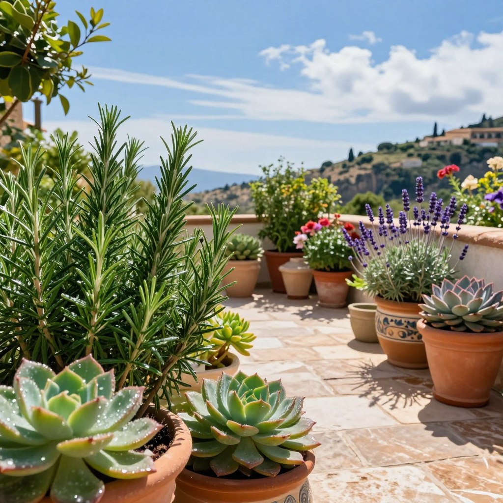 A vibrant Mediterranean terrace garden showcasing a variety of drought-resistant plants, such as rosemary, lavender, and succulents, arranged in decorative ceramic pots. In the foreground, detail the lush foliage with droplets of dew reflecting sunlight, creating a warm, inviting atmosphere. The middle features a stone pathway winding through the terrace, bordered by fragrant herbs and flowering plants in full bloom. In the background, captures a bright blue sky with wispy clouds, emphasizing the sunny climate. Soft, natural lighting enhances the rich colors of the plants, while a slight depth of field blurs the distant hills, adding to the serene vacation-like mood. The overall scene exudes tranquility and vitality, ideal for a Mediterranean living space.