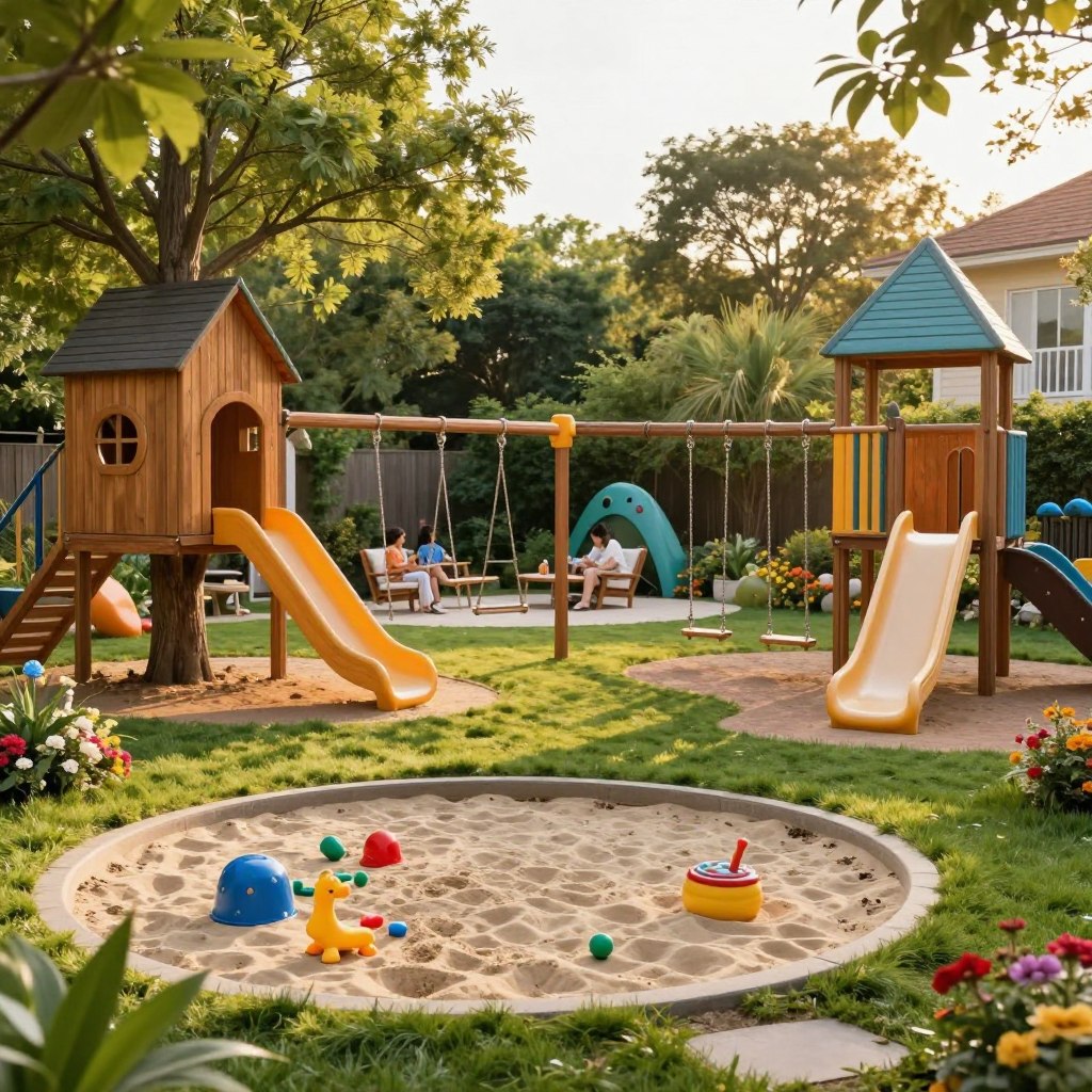 A vibrant backyard playground featuring imaginative play structures, like wooden treehouses, colorful swings, and a slide integrated into nature. In the foreground, a soft grass area surrounds a sandbox with engaging toys. Mid-ground elements include climbing frames with ropes and artistic, whimsical sculptures, encouraging creativity and exploration. In the background, lush trees provide shade and a cozy seating area for family relaxation, complemented by blooming flowers adding splashes of color. The scene is bathed in warm, golden hour lighting, creating a cheerful and inviting atmosphere. The perspective is slightly elevated, capturing the layout's expansiveness and inviting details, perfect for family fun and imaginative play.