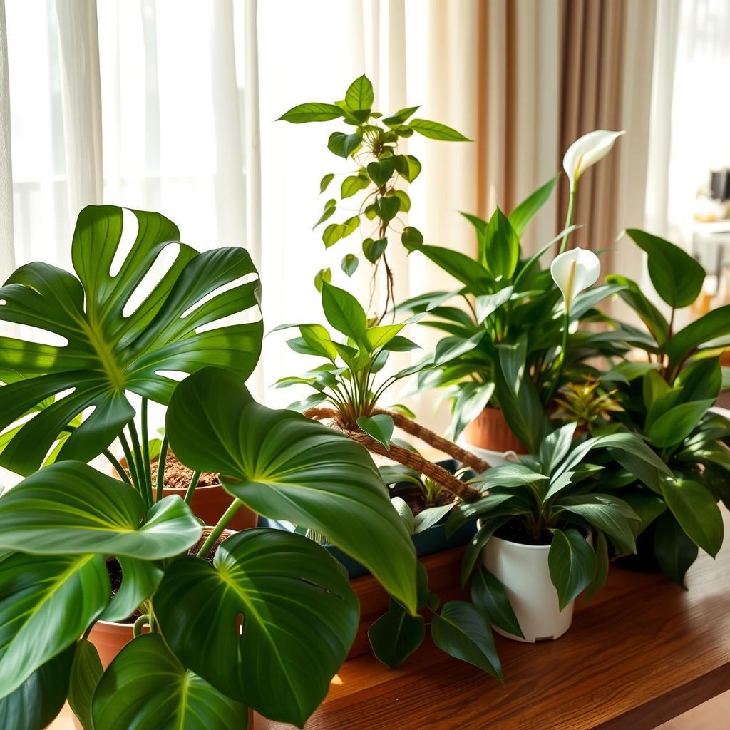 A vibrant display of various indoor houseplants arranged artistically on a wooden table. In the foreground, focus on a lush green monstera with split leaves and a petite snake plant, showcasing their distinctive textures. In the middle ground, include a colorful pothos with trailing vines and an elegant peace lily with white blooms, adding contrasts of color. In the background, soft sunlight filters through sheer curtains, casting gentle shadows and illuminating the plants, creating a warm and inviting atmosphere. The scene is captured from a slightly elevated angle, emphasizing the variety of shapes and sizes of the plants, evoking a sense of tranquility and natural beauty in an indoor setting.