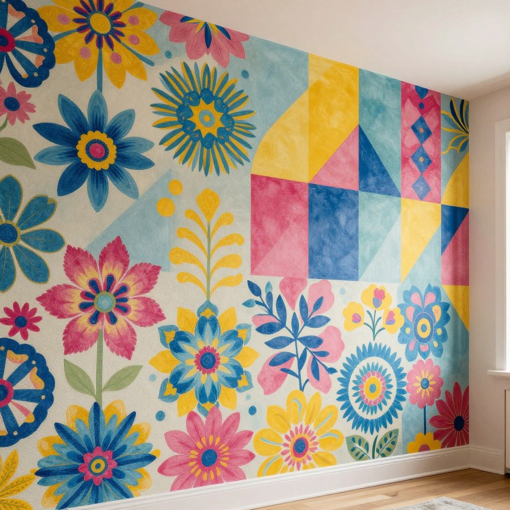 A vibrant full-room wallpaper mural showcasing the latest colorful wallpaper trends. In the foreground, intricate floral patterns in a kaleidoscope of colors, blending shades of blue, yellow, and pink, creating a lively, inviting atmosphere. The middle layer features dramatic geometric shapes in complementary hues, adding depth and visual interest. In the background, soft lighting casts a warm glow, highlighting the texture of the wallpaper and enhancing the rich colors. The angle is slightly above eye level, allowing for a comprehensive view of the wallpaper design enveloping the room. The overall mood is cheerful and inspiring, perfect for impressing guests with a touch of bold creativity in interior design.