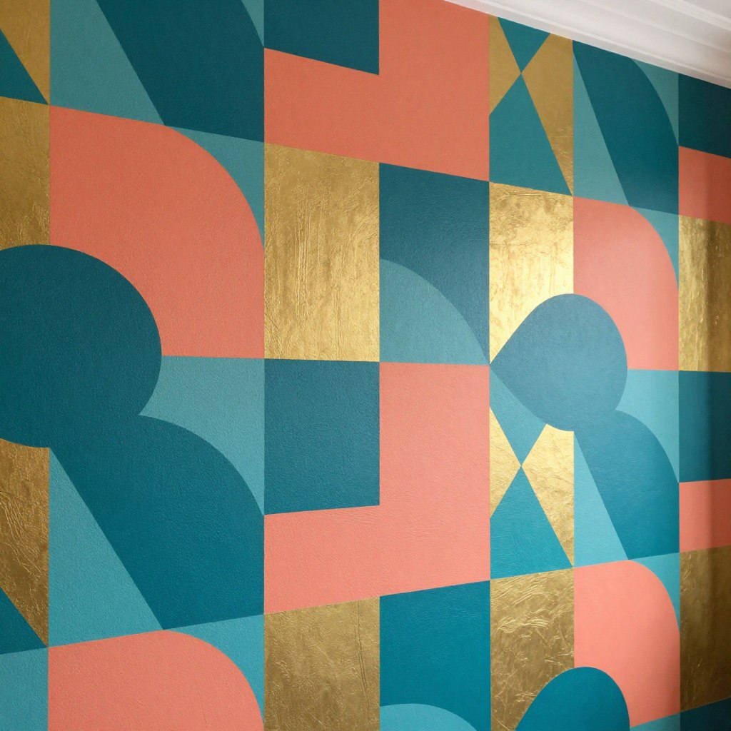 A vibrant oversized geometric wallpaper design fills the frame, showcasing bold, large shapes such as triangles, circles, and hexagons in a harmonious blend of striking colors like deep turquoise, coral, and gold. The patterns exhibit a modern aesthetic with sharp lines and dynamic forms, creating a sense of depth. The lighting is soft yet illuminating, accentuating the textures of the wallpaper, and casting gentle shadows that enhance the three-dimensional quality of the patterns. The perspective is slightly angled, allowing for a captivating view of the wallpaper as if it covers an entire wall in a chic modern space. The overall mood is energetic and sophisticated, perfect for inspiring creativity and making a statement in interior design.