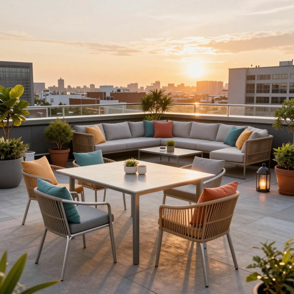 A vibrant rooftop terrace scene showcasing an array of stylish, weather-resistant furniture designed for outdoor living. In the foreground, a sleek modern dining table with elegant armchairs made from durable materials like aluminum and synthetic rattan, adorned with colorful cushions. In the middle ground, a cozy lounging area features a contemporary sectional sofa with plush, fade-resistant fabric, surrounded by small potted plants and decorative lanterns. The background reveals a panoramic city skyline at sunset, casting a warm golden light across the terrace, enhancing the inviting atmosphere. The scene is shot from a slightly elevated angle, capturing the essence of a chic urban retreat perfect for both small and large spaces. The mood is relaxed and inviting, emphasizing comfort and style.