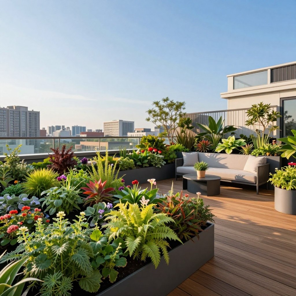 A vibrant rooftop terrace showcasing innovative vertical garden solutions designed for green living. In the foreground, lush vertical planters filled with a variety of herbs, flowers, and succulents create a natural tapestry, while a sleek wooden deck provides a warm contrast. The middle ground features a cozy seating area with contemporary furniture, a small table adorned with decorative plants, inviting relaxation. In the background, a panoramic city skyline is visible against a clear blue sky, illuminated by soft afternoon sunlight casting gentle shadows. Use a wide-angle lens to capture the depth and dimensions of the space, emphasizing the harmonious integration of nature and urban living. The mood is fresh, inspiring, and tranquil, perfect for a modern urban oasis.