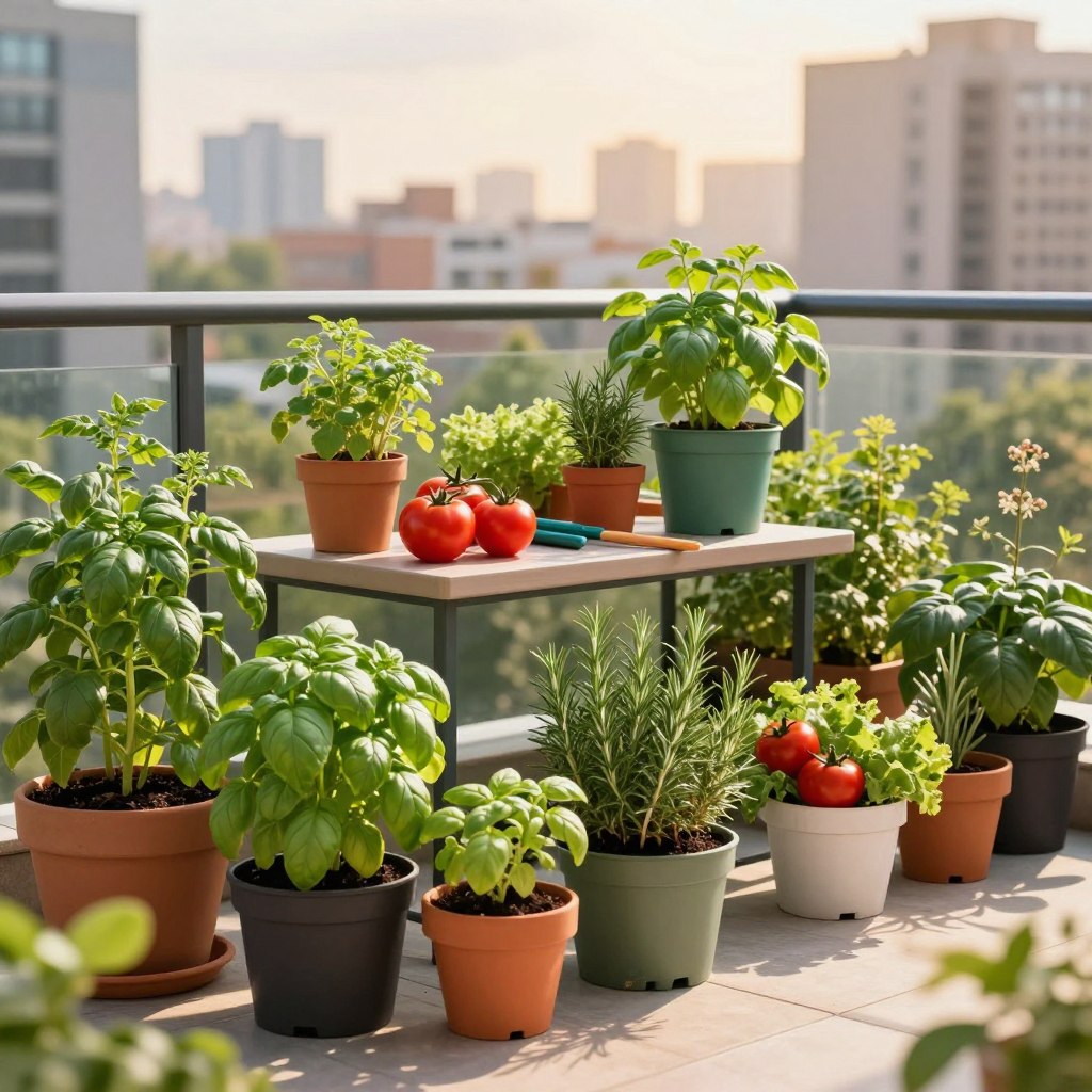 A vibrant urban container garden on a modern balcony, filled with a variety of lush herbs and colorful vegetables potted in stylish containers. In the foreground, a clustering of pots showcases fragrant basil, rosemary, and vibrant red tomatoes. In the middle, a small rectangular table is adorned with a few additional pots and gardening tools, suggesting an active gardening space. The background features a soft-focus view of a city skyline bathed in warm, golden hour sunlight, creating an inviting atmosphere. Natural light streams in, casting gentle shadows on the balcony surface. The scene encapsulates a tranquil, green oasis amidst urban life, illustrating the joy of growing food in a compact space.