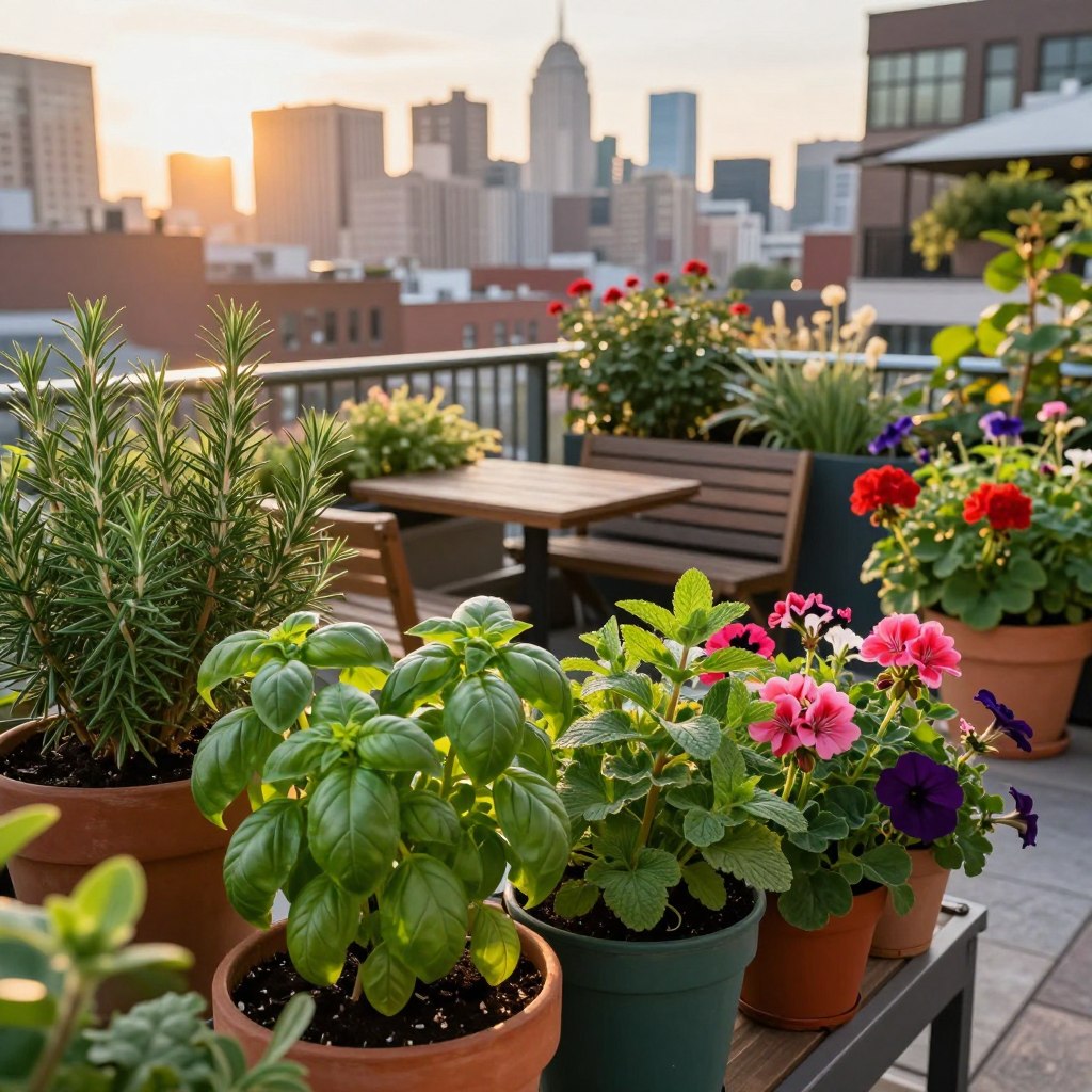 A vibrant urban garden terrace overlooking a bustling cityscape, filled with container plants and fragrant herbs. In the foreground, various colorful pots brimming with lush green basil, rosemary, and mint, interspersed with bright flowers like geraniums and petunias. The middle ground features a cozy wooden seating area with a small table, perfect for unwinding and enjoying the view. In the background, a panoramic city skyline bathed in warm, golden hour sunlight casts a soft glow, enhancing the relaxed atmosphere. This scene is shot from a slightly elevated angle, emphasizing the lushness of the plants contrasted against the urban backdrop. The overall mood is tranquil and inviting, celebrating the harmony of nature and urban living.