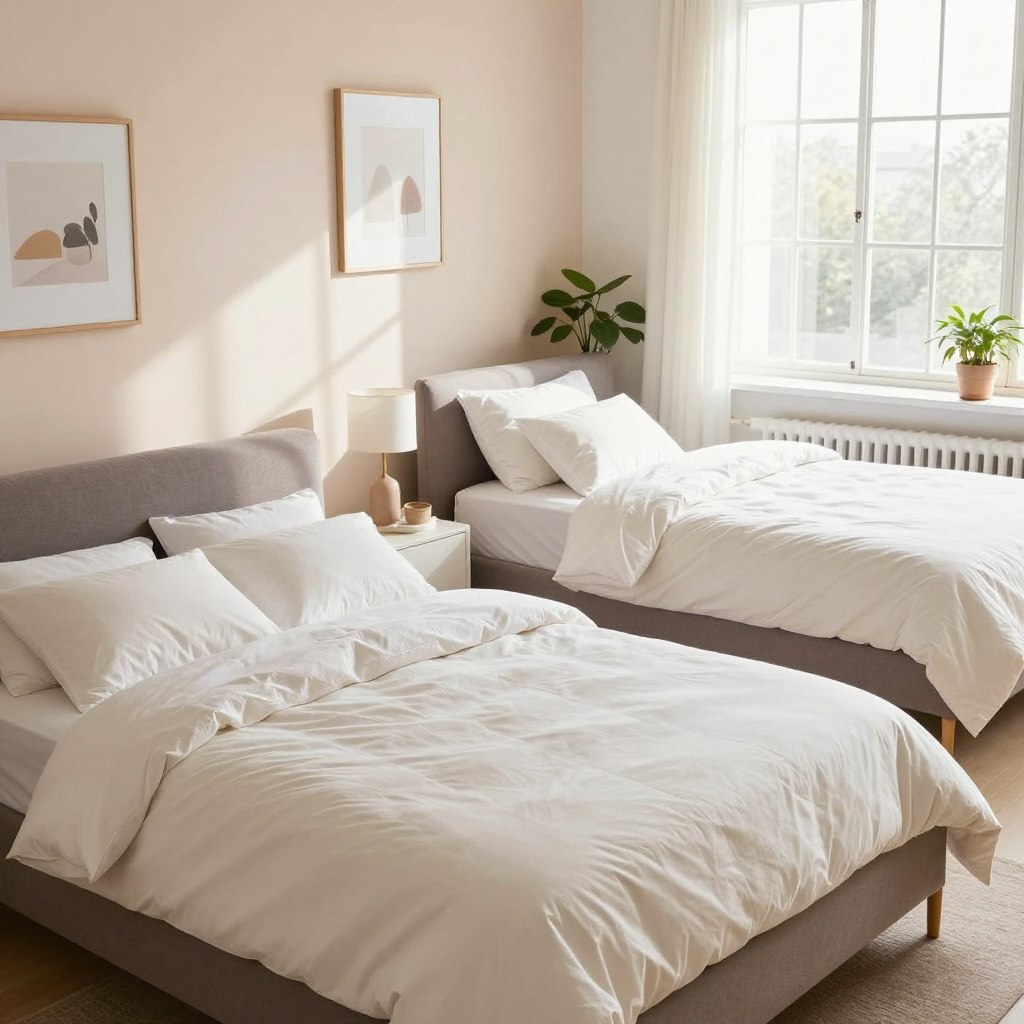 A visually engaging comparison of various bed sizes in a bright, airy bedroom setting. In the foreground, display a plush king-size bed, neatly made with soft, inviting bedding, demonstrating ample space. Next, position a queen-size bed beside it, slightly smaller but still luxuriously appointed. In the middle background, showcase a full-size bed and a twin bed, clearly illustrating their differences in dimensions. Use natural light streaming through a large window, casting soft shadows to create a warm, welcoming atmosphere. The walls should be painted in soothing pastel colors, and tasteful decor, such as framed art and potted plants, complements the scene. This layout effectively emphasizes the importance of choosing the right bed size for comfort and optimal use of space.