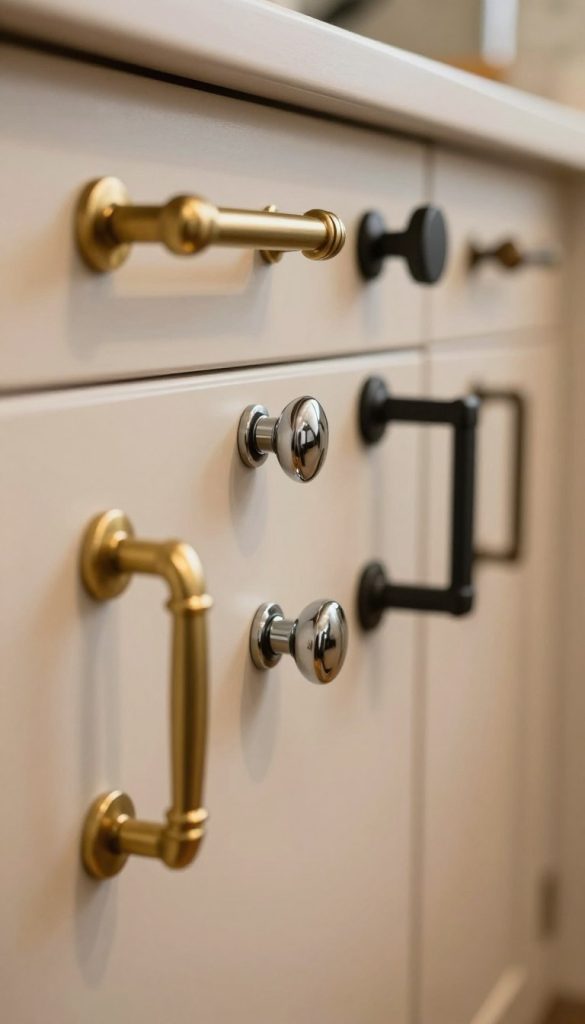 A visually striking arrangement of cabinet hardware showcasing a mix of brass handles, chrome knobs, and matte black pulls. In the foreground, highlight a polished brass handle with intricate detailing, positioned prominently beside a sleek chrome knob reflecting light. The middle section features an assortment of matte black pulls, arranged in an aesthetically pleasing pattern, emphasizing their modern finish. The background includes blurred silhouettes of cabinetry, hinting at a stylish kitchen without distraction. The scene is illuminated by warm, natural light, creating a cozy ambiance that enhances the metallic textures. Use a shallow depth of field to draw focus on the hardware while subtly blurring the cabinet surfaces. The overall mood feels contemporary and sophisticated, perfect for illustrating the art of mixing metals in kitchen design.