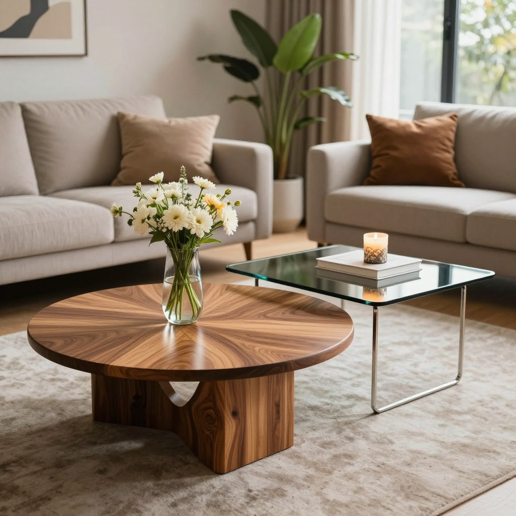 A visually striking comparison of round and square coffee tables set in a modern living room. In the foreground, prominently display a round coffee table made of polished wood with intricate grain patterns, featuring a stylish vase with fresh flowers. Next to it, a square coffee table in a contrasting material, like glass or metal, with a geometric design, adorned with a sleek book and a decorative candle. The middle ground showcases a well-furnished living room setting, with a cozy sofa and tasteful decor, illuminated by warm, natural light coming from a large window. In the background, elements like plants and artwork enhance the atmosphere, creating an inviting, contemporary vibe. The overall mood should evoke a sense of elegance and tranquility, inviting viewers to consider the practical and aesthetic benefits of each table shape. A visually striking comparison of round and square coffee tables set in a modern living room. In the foreground, prominently display a round coffee table made of polished wood with intricate grain patterns, featuring a stylish vase with fresh flowers. Next to it, a square coffee table in a contrasting material, like glass or metal, with a geometric design, adorned with a sleek book and a decorative candle. The middle ground showcases a well-furnished living room setting, with a cozy sofa and tasteful decor, illuminated by warm, natural light coming from a large window. In the background, elements like plants and artwork enhance the atmosphere, creating an inviting, contemporary vibe. The overall mood should evoke a sense of elegance and tranquility, inviting viewers to consider the practical and aesthetic benefits of each table shape.