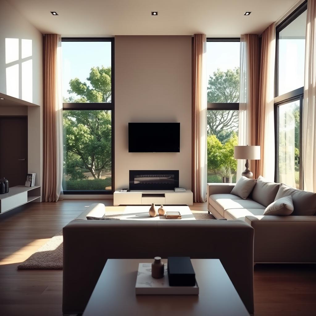 A well-arranged living room showcasing large, elegant windows that invite natural light, accentuating the space's openness. The room features a modern sofa positioned for optimal comfort, facing a mounted flat-screen TV against a neutral-toned accent wall. Bright sunlight streams through the windows, casting gentle shadows and reflections, highlighting the furnishings. Stylish sheer curtains softly filter the light, creating a warm, inviting atmosphere. In the foreground, a minimalist coffee table holds decorative items, while in the background, lush greenery is visible through the windows, enhancing the connection with nature. The scene is captured with a wide-angle lens, emphasizing the spaciousness and balance of the layout, promoting a serene yet sophisticated vibe.