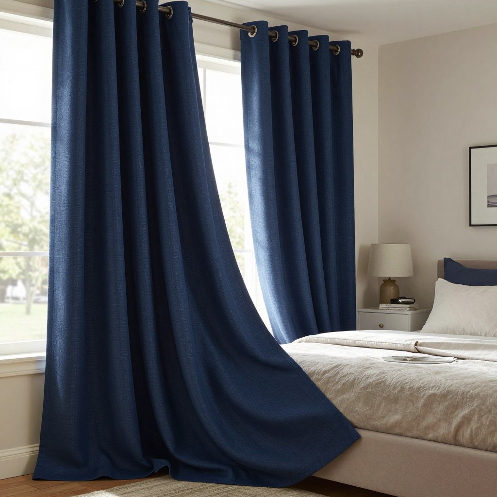 A well-lit, cozy bedroom featuring elegant thermal blackout curtains, showcased prominently in the foreground, draped gracefully over a stylish window frame. The curtains are a rich, deep navy blue fabric with a textured finish, demonstrating their insulating properties. Soft morning light filters through the edges, creating a balanced contrast that highlights the curtains’ ability to block sunlight. In the middle ground, a neatly made bed with plush pillows complements the warm atmosphere, while a serene, tasteful decor and light wall colors enhance the overall calming vibe of the space. In the background, hints of greenery can be seen outside the window, suggesting a peaceful neighborhood. The angle is slightly elevated, capturing both the curtains and the inviting mood of the room, ensuring a tranquil aesthetic without people present.