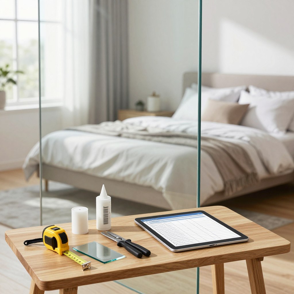 A well-organized implementation guide for glass bedroom privacy in a bright, modern interior setting. In the foreground, a small wooden table showcases an array of essential tools: measuring tape, glass cutters, adhesive, and a sleek, digital checklist on a tablet. In the middle ground, a partially translucent glass wall divides the bedroom, providing a stylish yet private atmosphere. The background features a comfortable bed adorned with elegant bedding, while natural light streams in through large windows, casting soft shadows. The overall mood is practical and inviting, highlighting a contemporary approach to privacy solutions in a stylish bedroom. The image should be clear, well-lit, and visually appealing, emphasizing a sense of organization and modern living. A well-organized implementation guide for glass bedroom privacy in a bright, modern interior setting. In the foreground, a small wooden table showcases an array of essential tools: measuring tape, glass cutters, adhesive, and a sleek, digital checklist on a tablet. In the middle ground, a partially translucent glass wall divides the bedroom, providing a stylish yet private atmosphere. The background features a comfortable bed adorned with elegant bedding, while natural light streams in through large windows, casting soft shadows. The overall mood is practical and inviting, highlighting a contemporary approach to privacy solutions in a stylish bedroom. The image should be clear, well-lit, and visually appealing, emphasizing a sense of organization and modern living.