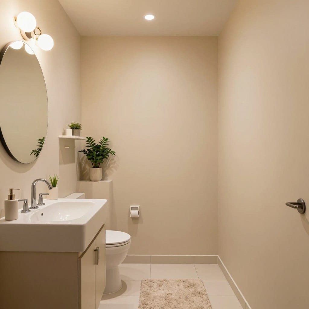 A windowless bathroom featuring creamy oatmeal paint on the walls, creating a warm and inviting atmosphere. The foreground showcases a sleek, modern sink with elegant fixtures, and a plush, neutral-colored bath mat. The middle ground includes a large, round mirror reflecting soft, ambient light from a stylish overhead fixture, enhancing the tranquility of the space. In the background, subtle greenery in stylish planters and minimalist shelving units add a touch of freshness and warmth. The lighting is soft and diffused, creating a cozy and welcoming ambiance. The camera angle is slightly elevated, providing a broad view of the room’s harmonious design. Overall, the mood is serene and uplifting, showcasing the beauty of the creamy oatmeal color in a confined space.