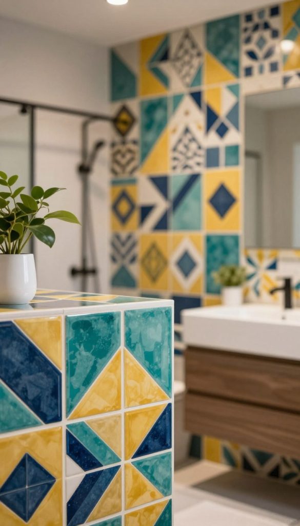 Accent wall featuring an array of bold tile patterns in a modern bathroom setting. In the foreground, showcase a close-up view of detailed geometric tiles in vibrant colors like teal, mustard yellow, and deep navy, creating an eye-catching design. The middle ground displays the full wall adorned with these tiles, emphasizing their unique shapes and intricate craftsmanship. In the background, a softly lit bathroom ambiance with sleek fixtures and greenery complements the vivid tile patterns. Use warm, natural lighting to create an inviting atmosphere, focusing on texture and contrast. Capture the scene from a slight angle to enhance depth and perspective, emphasizing the striking impact of the accent wall while maintaining a clean and stylish look.