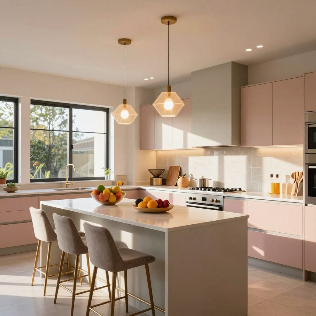An airy and modern open kitchen showcasing innovative lighting and color strategies. In the foreground, a stylish kitchen island with elegant bar stools and vibrant fruit bowls. The middle ground features an array of sleek cabinetry painted in soft pastels, contrasted with high-end metallic fixtures. Natural light streams in from large windows, creating highlights and shadows that add depth. The background includes warm, ambient ceiling lights and pendant fixtures with geometric designs, casting a cozy glow throughout the space. The mood is inviting and inspirational, with an emphasis on a harmonious blend of colors and lighting that enhances the kitchen's design. Capture the beauty in a photographic style, using a wide-angle lens to encompass the entire scene with focus on details and luminosity.