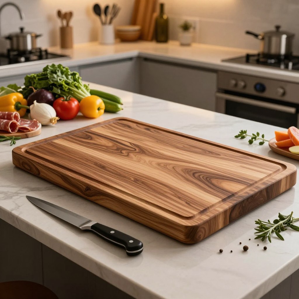 An artisanal cutting board positioned prominently on a spacious kitchen island, adorned with an array of fresh ingredients such as vibrant vegetables, ripe fruits, and scattered herbs. The cutting board features intricate wood grain patterns, showcasing expert craftsmanship. In the foreground, a sleek knife rests alongside a few charcuterie items, hinting at culinary creativity. The middle ground displays the kitchen island's elegant surface, with modern utensils and decorative elements enhancing the vibe. The background features soft, warm lighting that highlights the natural tones of the wood and creates a cozy, inviting atmosphere. Capture the scene from a slightly elevated angle to encompass the full beauty of this luxurious kitchen centerpiece, evoking a sense of warmth and artisanal charm. An artisanal cutting board positioned prominently on a spacious kitchen island, adorned with an array of fresh ingredients such as vibrant vegetables, ripe fruits, and scattered herbs. The cutting board features intricate wood grain patterns, showcasing expert craftsmanship. In the foreground, a sleek knife rests alongside a few charcuterie items, hinting at culinary creativity. The middle ground displays the kitchen island's elegant surface, with modern utensils and decorative elements enhancing the vibe. The background features soft, warm lighting that highlights the natural tones of the wood and creates a cozy, inviting atmosphere. Capture the scene from a slightly elevated angle to encompass the full beauty of this luxurious kitchen centerpiece, evoking a sense of warmth and artisanal charm.