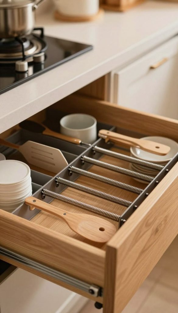 An elegant adjustable drawer organizer with spring-loaded dividers arranged neatly within a modern kitchen drawer. The foreground showcases the dividers extending and compressing smoothly, highlighting their flexible design. In the middle ground, the wooden drawer is partially open, revealing utensils like spatulas, measuring cups, and kitchen gadgets organized inside. The background features a softly blurred kitchen environment, with warm ambient lighting creating a cozy atmosphere. The camera angle is slightly above the drawer, capturing its depth and functionality while emphasizing the sleekness of the organizer. The overall mood is one of efficiency and order, showcasing the potential of a well-organized kitchen space.
