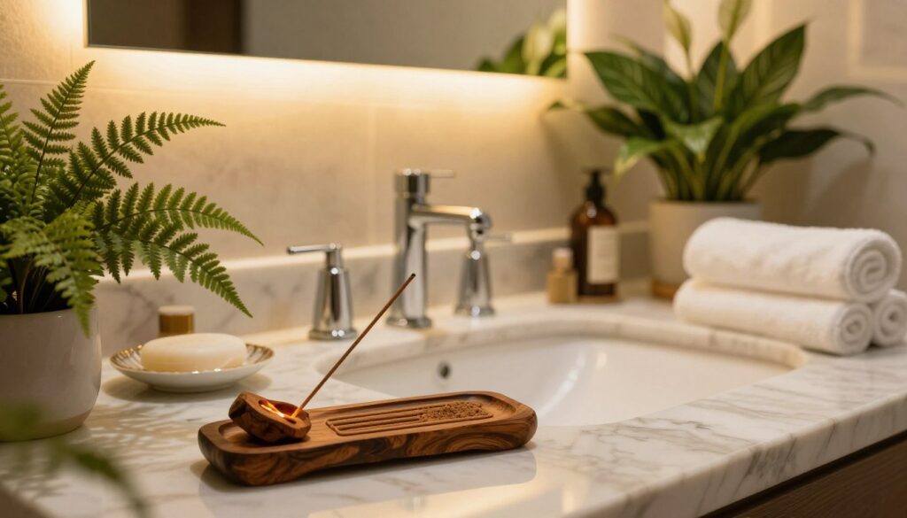 An elegant bathroom setting featuring a luxurious sandalwood fragrance display. In the foreground, a beautifully crafted wooden incense holder with glowing sandalwood incense sticks. The middle ground showcases a polished marble sink adorned with exquisite bath accessories, including a delicate soap dish and plush towels. Soft, golden lighting filters through frosted glass windows, casting a warm ambiance. In the background, lush green plants, such as ferns and peace lilies, add a touch of nature. The overall atmosphere is serene and sophisticated, evoking the essence of a 5-star hotel bathroom. Capture the soothing vibrations of sandalwood with an emphasis on warmth and tranquility, using a soft focus lens to enhance the dreamlike quality of the scene. An elegant bathroom setting featuring a luxurious sandalwood fragrance display. In the foreground, a beautifully crafted wooden incense holder with glowing sandalwood incense sticks. The middle ground showcases a polished marble sink adorned with exquisite bath accessories, including a delicate soap dish and plush towels. Soft, golden lighting filters through frosted glass windows, casting a warm ambiance. In the background, lush green plants, such as ferns and peace lilies, add a touch of nature. The overall atmosphere is serene and sophisticated, evoking the essence of a 5-star hotel bathroom. Capture the soothing vibrations of sandalwood with an emphasis on warmth and tranquility, using a soft focus lens to enhance the dreamlike quality of the scene.