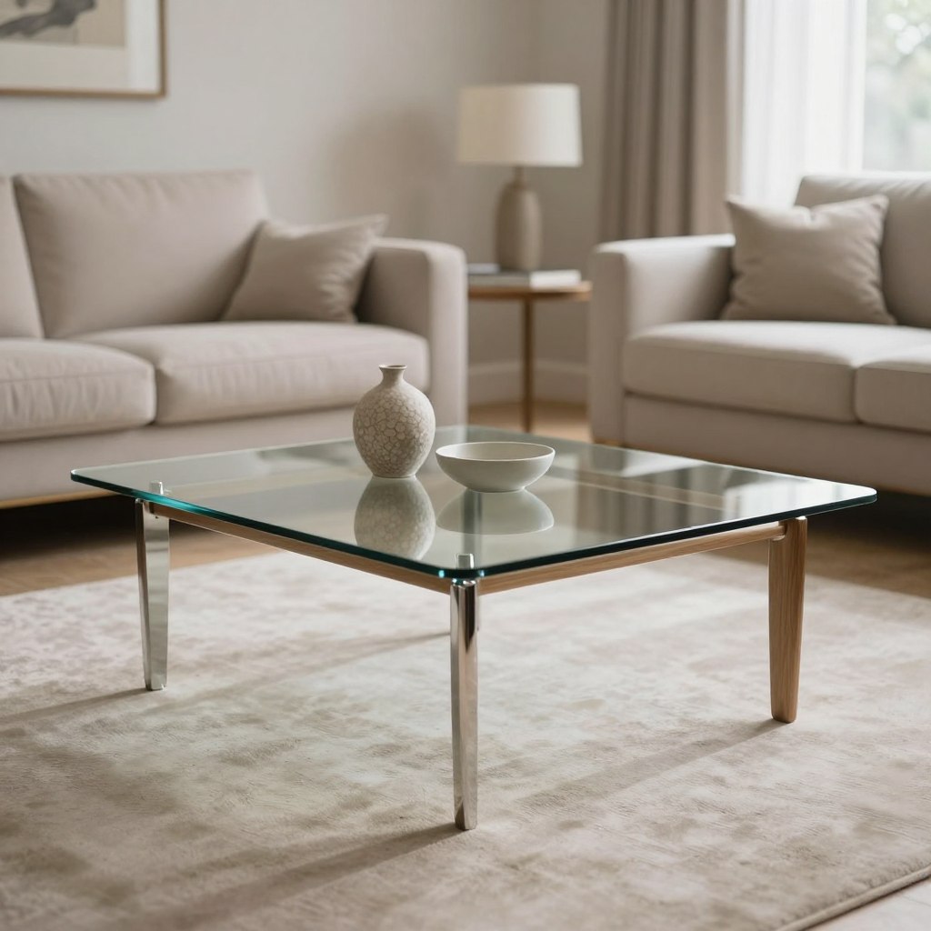 An elegant glass coffee table takes center stage in a light, airy modern living room. The table features a minimalist design with a sleek, tempered glass top and subtly accented details, such as polished metal legs or a delicate wooden frame. The foreground showcases the table's reflective surface, catching soft natural light and casting gentle shadows on the floor. In the middle, a tastefully arranged decorative setup enhances the table's elegance, with a few small, stylish objects like a textured vase and a simple ceramic bowl. The background consists of a tastefully decorated living room with neutral-toned walls, a cozy sofa, and a subtle piece of artwork. The overall atmosphere is serene and sophisticated, evoking a sense of refined luxury while maintaining a minimalist aesthetic. An elegant glass coffee table takes center stage in a light, airy modern living room. The table features a minimalist design with a sleek, tempered glass top and subtly accented details, such as polished metal legs or a delicate wooden frame. The foreground showcases the table's reflective surface, catching soft natural light and casting gentle shadows on the floor. In the middle, a tastefully arranged decorative setup enhances the table's elegance, with a few small, stylish objects like a textured vase and a simple ceramic bowl. The background consists of a tastefully decorated living room with neutral-toned walls, a cozy sofa, and a subtle piece of artwork. The overall atmosphere is serene and sophisticated, evoking a sense of refined luxury while maintaining a minimalist aesthetic.