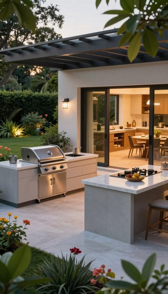 An elegant outdoor kitchen seamlessly blending with the surroundings, showcasing a modern design with sleek countertops, a built-in grill, and an island bar. In the foreground, lush greenery and flowering plants frame the kitchen space, while a stylish pergola provides shade. The middle ground features an open layout with large sliding glass doors connecting to an indoor dining area, enhancing the flow between spaces. The background reveals a picturesque garden with soft lighting, creating an inviting atmosphere during twilight. Capture the scene from a slightly elevated angle to highlight the transition elements, ensuring a harmonious blend of indoor and outdoor vibes. The overall mood is warm and inviting, emphasizing a sophisticated yet comfortable outdoor cooking environment.