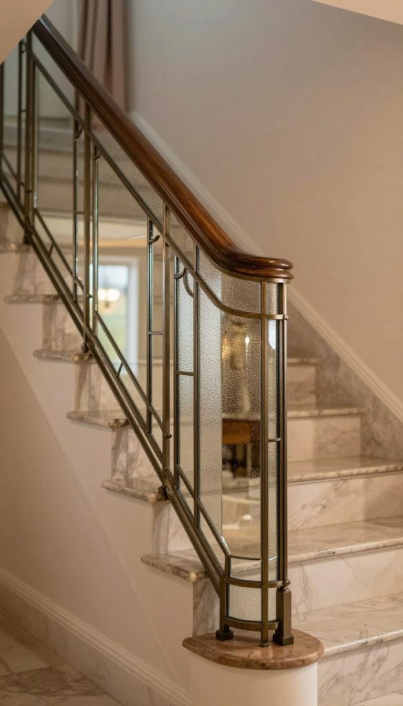 An elegant stair riser panel featuring antique mirror and beveled glass designs. The foreground showcases intricately detailed panels with shimmering reflections, capturing the elegance of vintage craftsmanship, exuding a luxurious feel. The middle ground highlights a grand staircase, seamlessly blending wood and glass, illuminated by soft, warm lighting that enhances the reflective surfaces and creates a cozy yet opulent atmosphere. The background features softly blurred details of an entryway, draped in muted colors to ensure the stair riser is the focal point. The lighting is soft, giving a warm and inviting glow, while the angle is slightly elevated, providing a comprehensive view of the elegant staircase design.