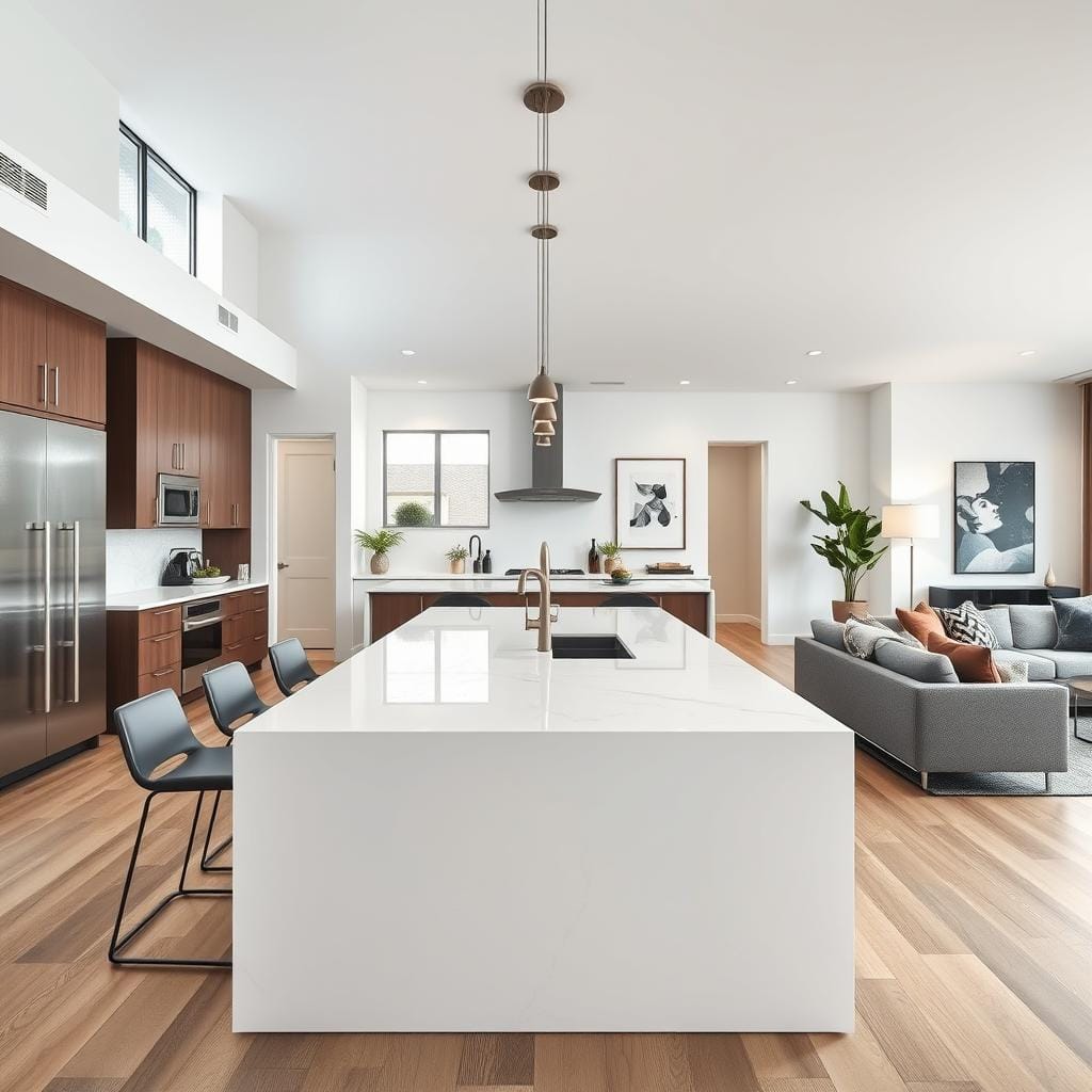 An elegantly designed integrated kitchen island positioned at the center of a spacious open-concept living area. The foreground features the island with a smooth marble countertop, surrounded by stylish bar stools. In the middle, a modern kitchen flows seamlessly with sleek cabinetry, stainless steel appliances, and decorative plants. Large windows invite natural light, emphasizing the unity of the space. The background showcases a cozy living area with a comfortable sofa, contemporary art pieces, and warm lighting fixtures, creating an inviting atmosphere. The scene is captured with a wide-angle lens, enhancing the sense of space while maintaining a soft focus on the kitchen island, evoking a calm and sophisticated mood perfect for modern living.