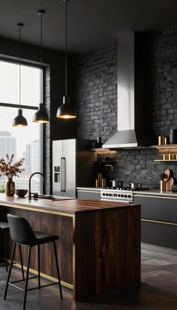 An industrial luxe kitchen featuring bold charcoal brick walls, creating a striking backdrop. The foreground showcases a polished, dark wood island with sleek gold accents and minimalist bar stools, emphasizing sophistication. In the middle ground, high-end stainless steel appliances are seamlessly integrated with open shelving displaying dark matte dishware and carefully arranged gold accents. The lighting is warm and ambient, with industrial pendant lights hanging above, casting soft shadows and enhancing the textures of the materials. The background reveals an expansive window with a view of a cityscape, allowing natural light to flood the space, thus adding an airy feel to the otherwise bold and dramatic environment. The overall mood is luxurious and contemporary, perfect for those seeking dark elegance in their kitchen design.