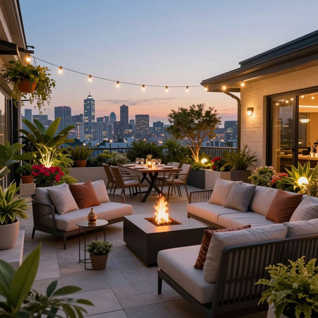 An intimate Entertainer's Terrace layout, showcasing a small outdoor space designed for social gatherings. In the foreground, a cozy seating arrangement with plush, weather-resistant cushions on a sleek, modern sofa, surrounded by small side tables adorned with decorative items. To the side, a stylish fire pit adds warmth, while vibrant potted plants and hanging planters create lush greenery. The middle ground features a compact dining table with elegant tableware, set for a small gathering, illuminated by soft string lights overhead, casting a warm glow. In the background, a stunning city skyline stretches under a twilight sky, with soft, diffused lighting enhancing the inviting atmosphere. Use a wide-angle lens to capture the entire terrace, focusing on the harmony of design elements and the enchanting view.