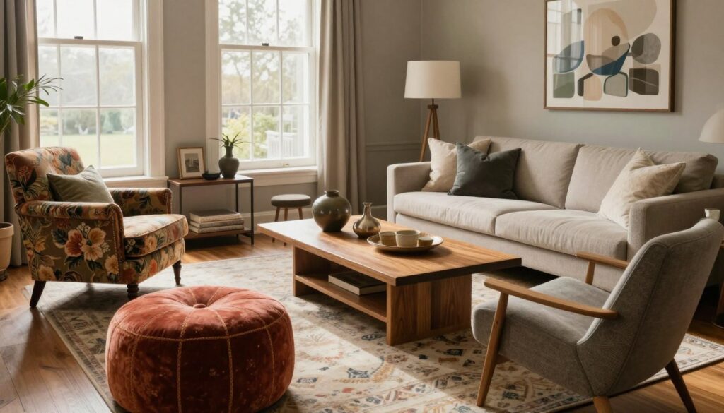 An inviting living room showcasing eclectic seating choices, featuring a traditional, richly upholstered armchair with floral patterns on one side, contrasted by a sleek, contemporary angular sofa in a neutral fabric on the opposite side. In the foreground, a plush, vintage ottoman adds a pop of color, while a modern lounge chair completes the mix. The middle section includes a warm wooden coffee table adorned with stylish decor. Soft, natural light pours in through large windows, casting gentle shadows, creating a cozy atmosphere. A stylish area rug unifies the seating, and various decorative elements add personality. The room reflects a harmonious blend of styles, emphasizing timeless appeal with a welcoming vibe. The image should convey comfort and creativity. An inviting living room showcasing eclectic seating choices, featuring a traditional, richly upholstered armchair with floral patterns on one side, contrasted by a sleek, contemporary angular sofa in a neutral fabric on the opposite side. In the foreground, a plush, vintage ottoman adds a pop of color, while a modern lounge chair completes the mix. The middle section includes a warm wooden coffee table adorned with stylish decor. Soft, natural light pours in through large windows, casting gentle shadows, creating a cozy atmosphere. A stylish area rug unifies the seating, and various decorative elements add personality. The room reflects a harmonious blend of styles, emphasizing timeless appeal with a welcoming vibe. The image should convey comfort and creativity.