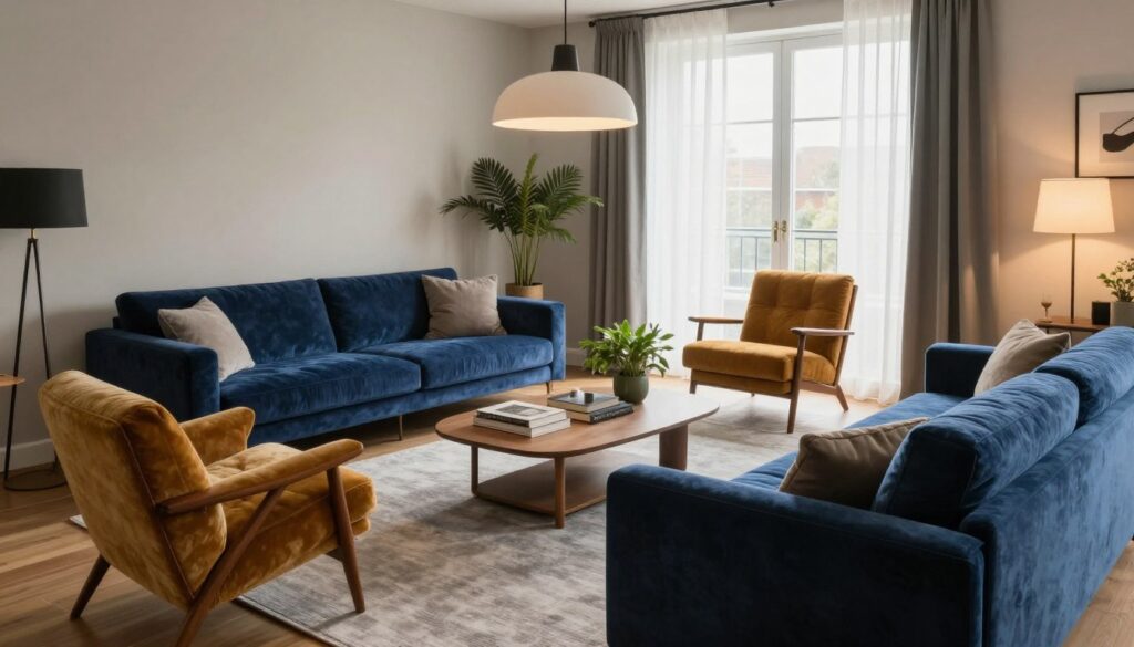 An inviting open floor plan featuring a mix of different seating styles, showcasing a cozy, modern living room. In the foreground, a plush, deep blue velvet sofa paired with a stylish mid-century armchair in a warm mustard tone. In the middle, an eclectic arrangement of low-profile coffee tables with decorative books and plants, surrounded by a light gray area rug. The background includes a large window with soft sheer curtains, allowing natural light to fill the room, enhancing the inviting atmosphere. Warm, dim lighting from stylish pendant fixtures above adds to the cozy vibe. The scene evokes a harmonious blend of comfort and creativity, ideal for a contemporary home setting. An inviting open floor plan featuring a mix of different seating styles, showcasing a cozy, modern living room. In the foreground, a plush, deep blue velvet sofa paired with a stylish mid-century armchair in a warm mustard tone. In the middle, an eclectic arrangement of low-profile coffee tables with decorative books and plants, surrounded by a light gray area rug. The background includes a large window with soft sheer curtains, allowing natural light to fill the room, enhancing the inviting atmosphere. Warm, dim lighting from stylish pendant fixtures above adds to the cozy vibe. The scene evokes a harmonious blend of comfort and creativity, ideal for a contemporary home setting.