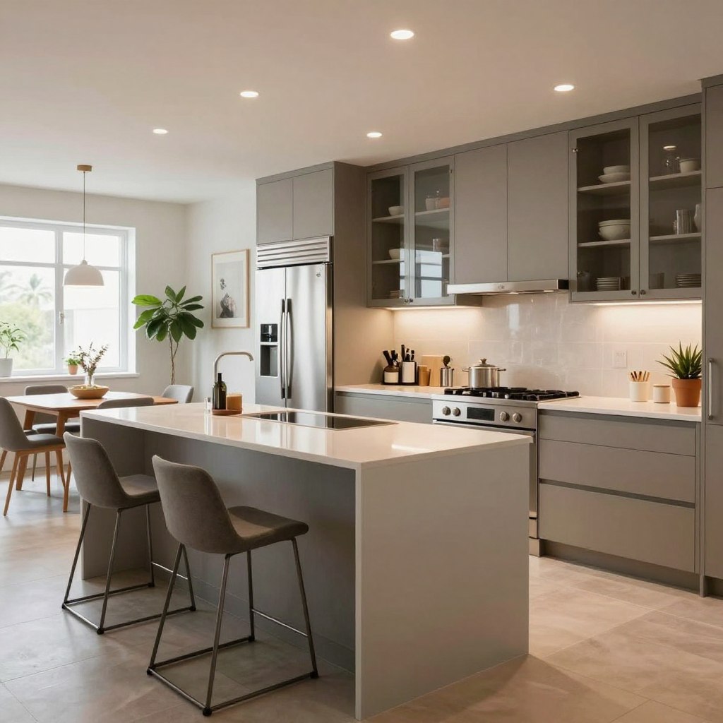 An open kitchen design focused on maximizing space, featuring a sleek, modern layout. In the foreground, a minimalist kitchen island with storage, complemented by contemporary bar stools. The middle background showcases stainless steel appliances, an integrated refrigerator, and elegant cabinetry with glass fronts, reflecting natural light. A stylish dining nook positioned near a window with plants adds a touch of warmth. The background reveals an open floor plan leading to a bright living area, enhancing the sense of space. Soft, diffused lighting creates a welcoming atmosphere. The scene captures a harmonious blend of functionality and style, showcasing the beauty of a spacious open kitchen. No people are present, ensuring a clean and uncluttered look. An open kitchen design focused on maximizing space, featuring a sleek, modern layout. In the foreground, a minimalist kitchen island with storage, complemented by contemporary bar stools. The middle background showcases stainless steel appliances, an integrated refrigerator, and elegant cabinetry with glass fronts, reflecting natural light. A stylish dining nook positioned near a window with plants adds a touch of warmth. The background reveals an open floor plan leading to a bright living area, enhancing the sense of space. Soft, diffused lighting creates a welcoming atmosphere. The scene captures a harmonious blend of functionality and style, showcasing the beauty of a spacious open kitchen. No people are present, ensuring a clean and uncluttered look.