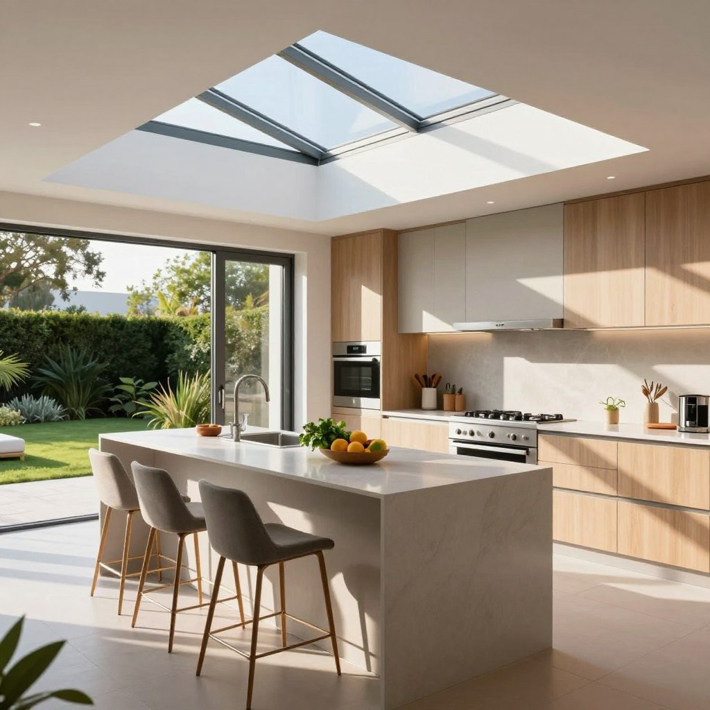 An open-plan kitchen featuring a modern skylight, with natural light pouring in, illuminating sleek countertops and minimalist cabinetry. In the foreground, a stylish kitchen island with elegant bar stools, adorned with fresh herbs and a small fruit bowl. The middle ground showcases high-end appliances with stainless steel finishes, complemented by light wood cabinetry. In the background, large sliding glass doors open to a lush garden, emphasizing the connection to nature. The atmosphere is bright, airy, and inviting, with soft shadows cast by the afternoon sun. The image is captured with a wide-angle lens, emphasizing the spaciousness and tranquility of the space, perfect for cooking and entertaining under the stars and sun. An open-plan kitchen featuring a modern skylight, with natural light pouring in, illuminating sleek countertops and minimalist cabinetry. In the foreground, a stylish kitchen island with elegant bar stools, adorned with fresh herbs and a small fruit bowl. The middle ground showcases high-end appliances with stainless steel finishes, complemented by light wood cabinetry. In the background, large sliding glass doors open to a lush garden, emphasizing the connection to nature. The atmosphere is bright, airy, and inviting, with soft shadows cast by the afternoon sun. The image is captured with a wide-angle lens, emphasizing the spaciousness and tranquility of the space, perfect for cooking and entertaining under the stars and sun.