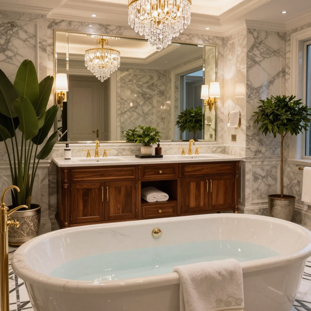An opulent master bathroom design exuding luxury and sophistication. The foreground features a freestanding soaking tub crafted from polished marble, surrounded by plush, elegantly patterned towels. In the middle ground, a double vanity made of rich mahogany showcases under-mount sinks with sleek, gold faucets, reflecting ambient lighting from stylish sconces. A large, frameless mirror adds depth, enhancing the lavish feel. The background includes exquisite marble flooring with intricate geometric patterns and lavish greenery in decorative pots, creating a serene atmosphere. Soft, diffused lighting bathes the scene in a warm glow, while an overhead chandelier with cascading crystals completes the opulent aesthetic. The perspective is slightly elevated, capturing the grandeur of the space in a harmonious, inviting composition. An opulent master bathroom design exuding luxury and sophistication. The foreground features a freestanding soaking tub crafted from polished marble, surrounded by plush, elegantly patterned towels. In the middle ground, a double vanity made of rich mahogany showcases under-mount sinks with sleek, gold faucets, reflecting ambient lighting from stylish sconces. A large, frameless mirror adds depth, enhancing the lavish feel. The background includes exquisite marble flooring with intricate geometric patterns and lavish greenery in decorative pots, creating a serene atmosphere. Soft, diffused lighting bathes the scene in a warm glow, while an overhead chandelier with cascading crystals completes the opulent aesthetic. The perspective is slightly elevated, capturing the grandeur of the space in a harmonious, inviting composition.