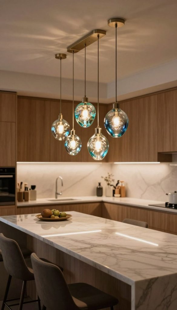 Artisan hand-blown glass pendant lights elegantly suspended over a modern kitchen island. The foreground features a cluster of uniquely shaped pendant lights, showcasing intricate glasswork with soft, iridescent hues of blue and green. The middle layer highlights a sleek, contemporary kitchen island with a polished marble countertop, reflecting the stunning pendant designs. In the background, warm ambient lighting complements a minimalist kitchen aesthetic, accentuated by natural wood cabinetry and subtle decorative elements. Soft shadows and highlights create a cozy, inviting atmosphere, emphasizing luxury and craftsmanship. The image should have a warm, inviting glow, evoking a sense of elegance and sophistication in a contemporary kitchen setting. Use a wide-angle lens to capture the full depth of the scene, maintaining focus on the pendant lights.