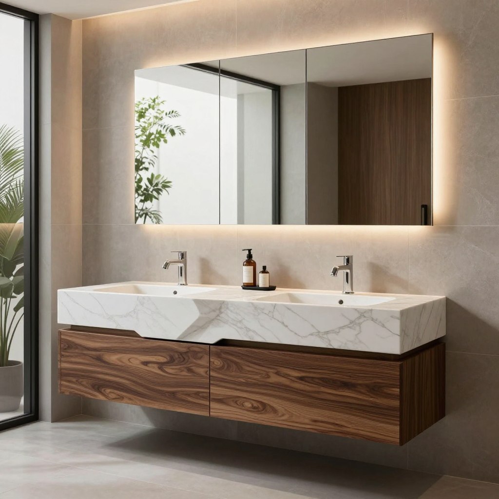 Asymmetric mixed material double vanity in a contemporary bathroom, featuring a blend of rich walnut wood and sleek white marble, with angular, minimalist lines. The vanity showcases an unconventional design, with one side slightly elevated and contrasting textures. The scene is softly illuminated by warm recessed lighting, creating an inviting ambiance. Large mirrors reflect the vanity, enhancing the sense of space. In the background, elegant tiles in muted tones complement the overall aesthetic, while lush greenery peeks through frosted glass windows, adding a touch of nature. The atmosphere exudes modern sophistication, suitable for a luxury designer bathroom. The image captures the essence of contemporary elegance, emphasizing both functionality and artistic form.