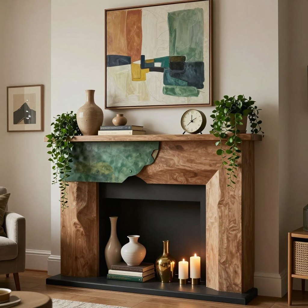Asymmetrical mantle decor in a modern living room setting. A striking blend of materials and textures, featuring an irregular arrangement of decorative items like ceramic vases, stacked books, and a unique clock on one side, contrasted with greenery such as a cascading plant on the other. Soft, warm lighting emanates from a stylish candle arrangement, creating an inviting atmosphere. The mantle showcases a variety of color tones—earthy browns, deep greens, and hints of gold. A stylish abstract painting hangs above the mantle, adding depth to the scene. The camera angle is slightly elevated, showcasing both the decor and a cozy seating area in the background. The overall mood is relaxed yet sophisticated, emphasizing dynamic visual interest through asymmetrical styling. Asymmetrical mantle decor in a modern living room setting. A striking blend of materials and textures, featuring an irregular arrangement of decorative items like ceramic vases, stacked books, and a unique clock on one side, contrasted with greenery such as a cascading plant on the other. Soft, warm lighting emanates from a stylish candle arrangement, creating an inviting atmosphere. The mantle showcases a variety of color tones—earthy browns, deep greens, and hints of gold. A stylish abstract painting hangs above the mantle, adding depth to the scene. The camera angle is slightly elevated, showcasing both the decor and a cozy seating area in the background. The overall mood is relaxed yet sophisticated, emphasizing dynamic visual interest through asymmetrical styling.