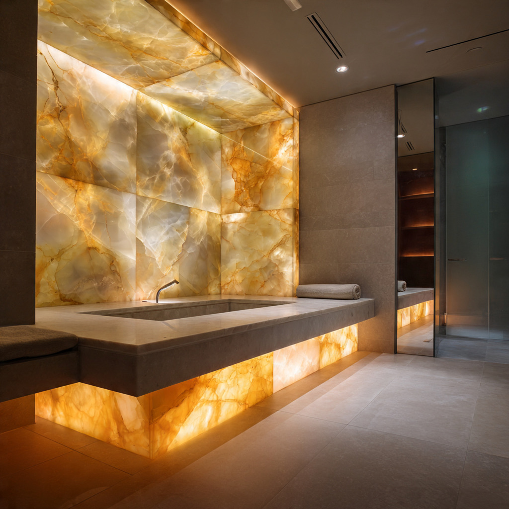 Backlit onyx feature wall in a luxury bathroom creating a jewel-box effect with warm glowing stone Backlit onyx feature wall in a luxury bathroom creating a jewel-box effect with warm glowing stone