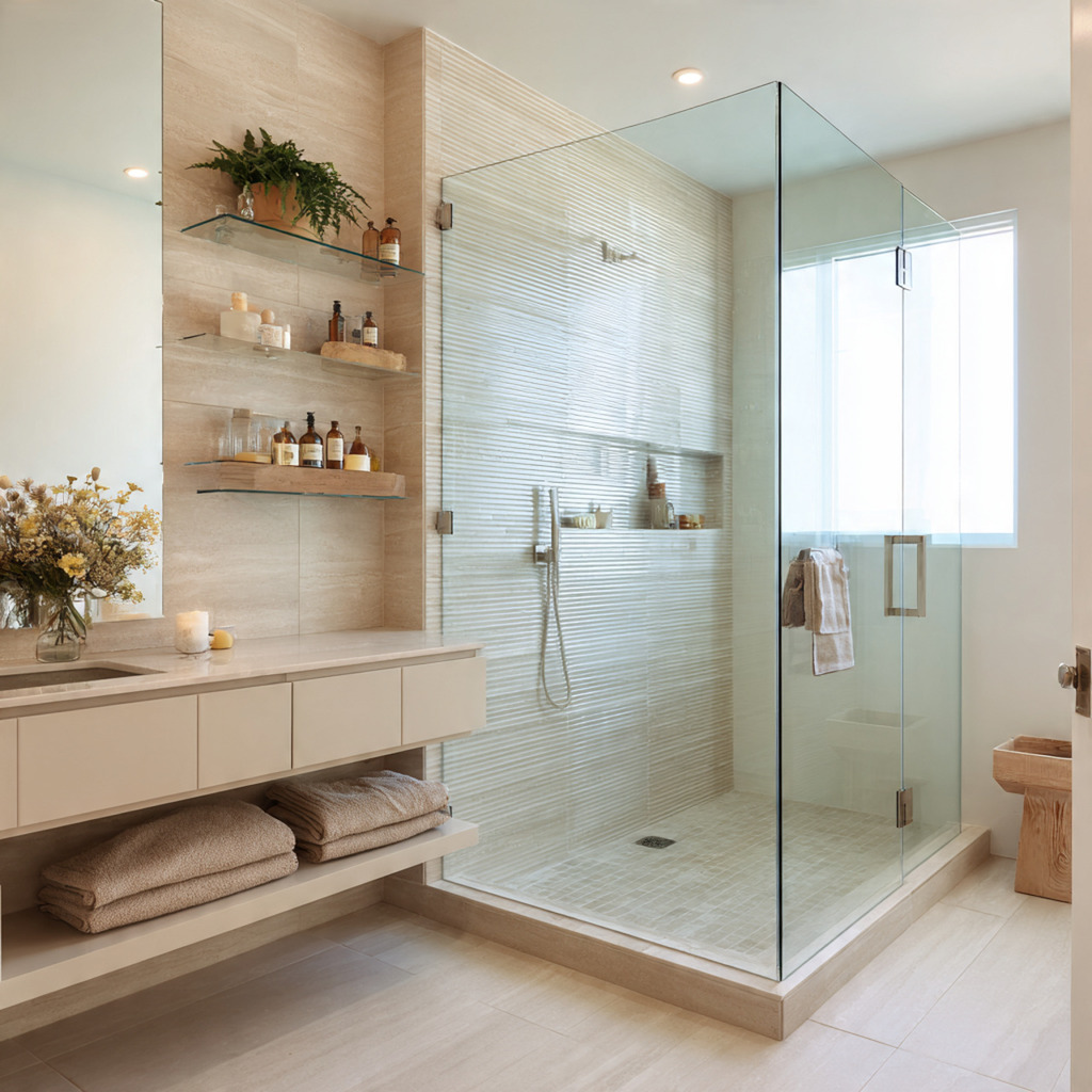 Bathroom design with a single cohesive metal finish repeated across fixtures and hardware for a unified look